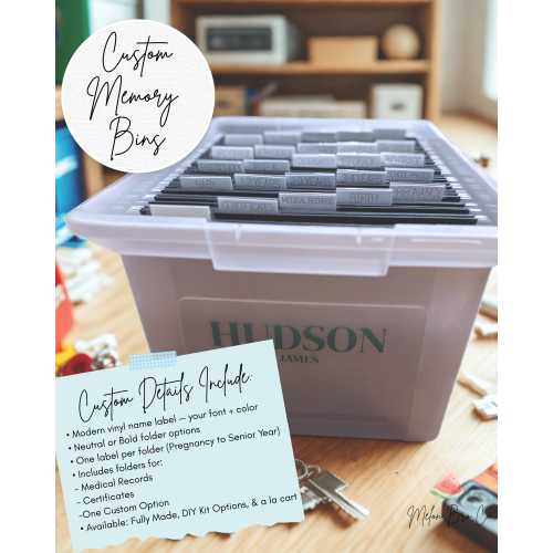 Fully Assembled School Memory Bin – Personalized Keepsake Box with 25 Labeled Folders & Vinyl Name