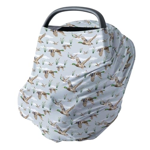 HawSkgFub Mallard Duck Hunting 5-in-1 Car Seat Cover for Baby Boy Girl Gift, Blue Wild Animal Hunter Reed Privacy Breastfeeding Nursing Cover, Newborn Infant Multi-use Carseat Canopy Carrier