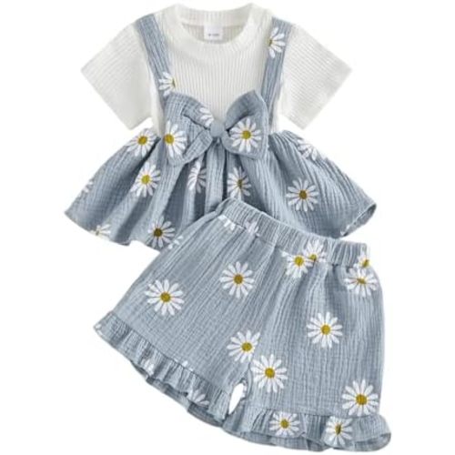 Toddler Baby Girl Summer Clothes Cute Cotton Linen Outfits Bow Short Sleeve Shirts Tops + Ruffle Shorts 2 Piece Set