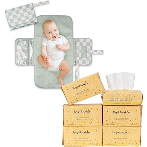 Tiny Twinkle Portable Diaper Changing Pad and 100% Cotton Dry Wipes
