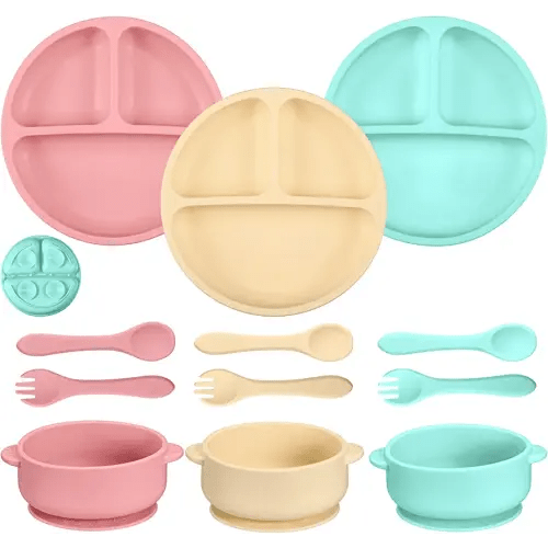 CHENGU 12 Pcs Silicone Bowl with Suction Set for Baby Toddler with Suction Plate, Spoon and Fork, Divided Design Baby Feeding Utensils Weaning Kit, Dishwasher and Microwave Safe