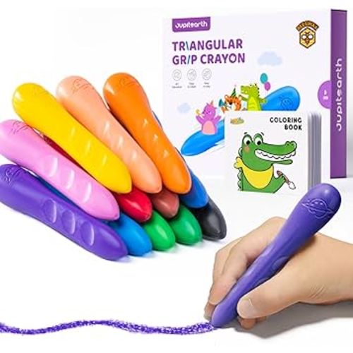 JUPITEARTH 12 Colors Crayons for Kids Ages 4-8 with Coloring Book & Bonus Stickers, Non-Toxic & Washable Triangle Crayons for Toddlers 1-3, Fat Brain Toys for Art Supplies and Ideal for Kids