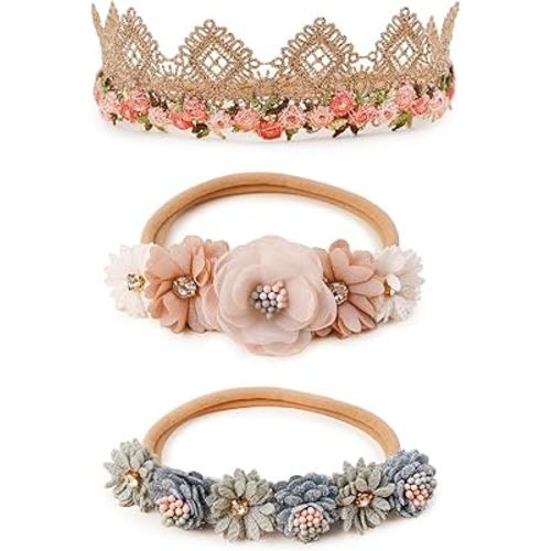 Baby Girl Floral Headband Nylon Flower Crown Elastic Hairband 3pcs Hair Accessories Gift for Girls (9572)