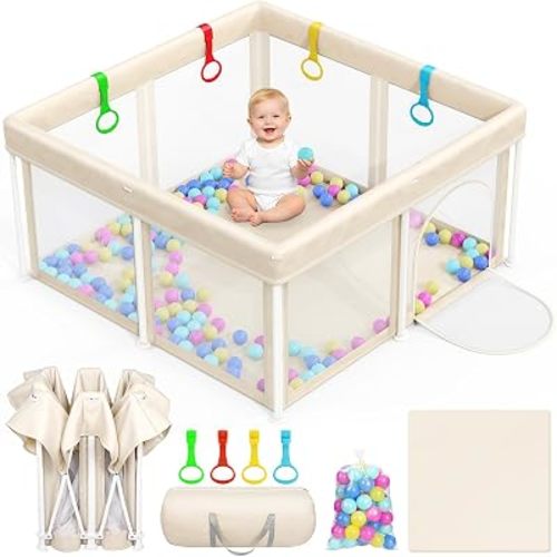 Foldable Baby Playpen: 50"×50" Playpen for Babies and Toddlers Portable Setup Baby Play Pen with Mat Indoor Outdoor Safety Fence Play Yard Kids Play Area with Storage Bag 50 Ocean Balls 4 Handlers