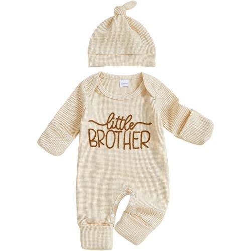 Newborn Baby Boy Fall Outfit Romper Little Brother Lil Bro Long Sleeve Jumpsuit Bodysuit Infant Winter Waffle Clothes (Color Apricot, 0-3 Months)