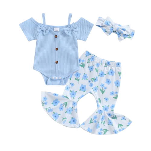 Musuos Baby Girls Summer 3PCS Sets 0-18Months Blue Short Sleeve Off-Shoulder Button Romper Floral Flared Pants Headband Sets