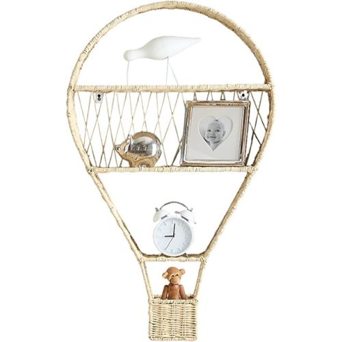 Hot air Balloon Shaped Floating Wall Shelf with Shelves and Storage Baskets, Made of Rattan, Suitable for Bathroom, Living Room and Children's Room Beige