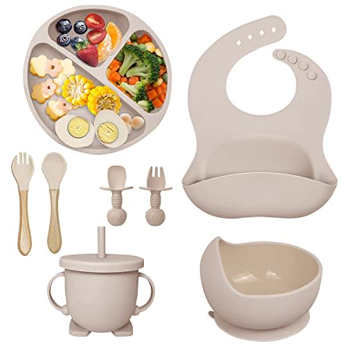 Hoidokly Baby Feeding Set, 8 Pcs Silicone Baby Led Weaning Supplies Includes Cup Baby Plate, Bowl, Adjustable Bib, Cup, Spoon and Fork,BPA Free Baby Weaning Utensils Set for 6+ Months-Off White