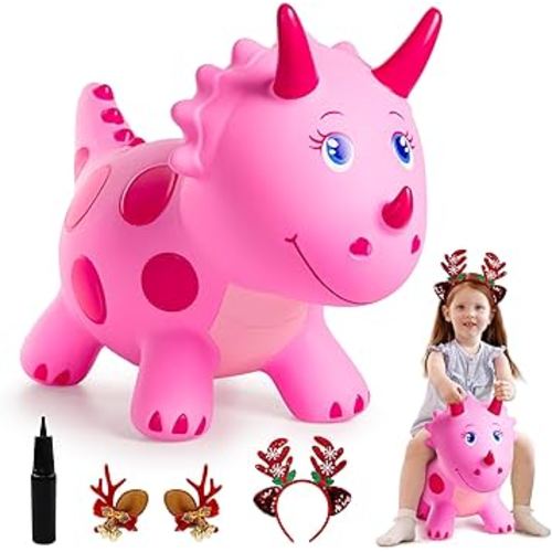 EVERICH TOY Dinosaur Bouncy Animal Toys, Pink Triceratops Bouncer, Ride on Bounce Hopper for Kids 2-5 Indoor Outdoor Activity Birthday for 18 Months 2 3 4 Years Old Boys