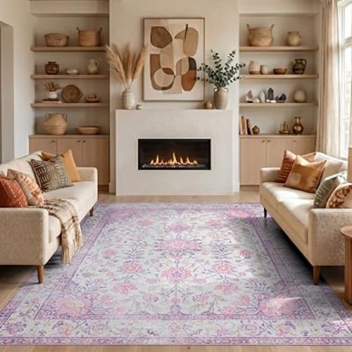 5'x7' Purple Floral Cottage Core Design Washable Area Rug