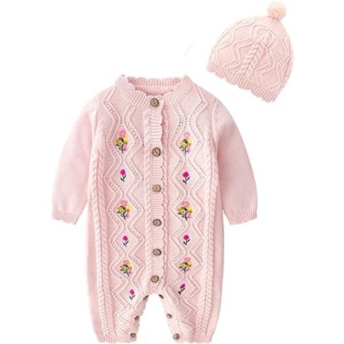 JunNeng Baby Newborn Cotton Knitted Sweater Romper Longsleeve Outfit with Warm Hat Set