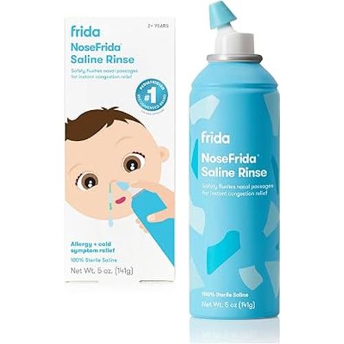 Frida Saline Rinse for Toddler, Kids, Ages 2+, Saline Rinse for Sinus, Instant Congestion Relief & Allergy Relief, Flush Out Allergens, Mucus, Pollen, Dust, Safe for Daily Use