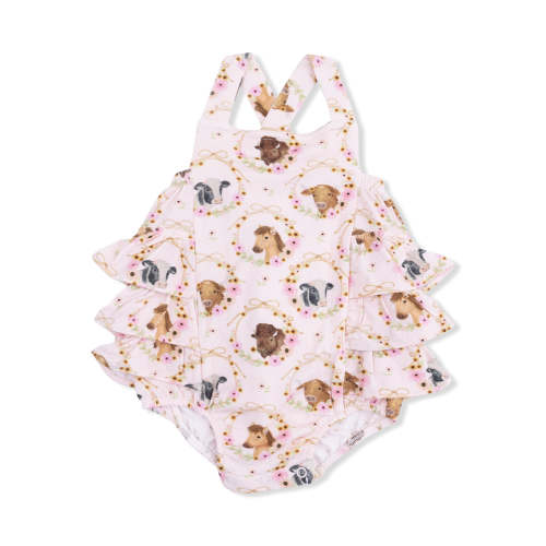 Ruffle Sunsuit, Farm Animals Floral Cameos