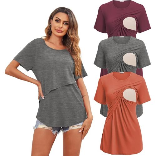 Ekouaer Women's Maternity Shirts Short Sleeves Nursing Tops 3 Pack Double Laye Breastfeeding Tees Pregnancy Clothes S-XXL