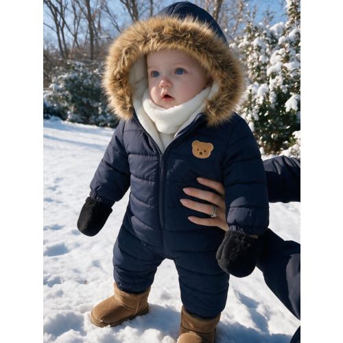 SHEIN Vintaside Kids 1pc Toddler Boy Padded Snowsuit Romper Cute Navy Blue Bear Patch Faux Fur Trim Long Sleeve Hooded Thick Skiing Outdoor Winter Fall Christmas Plush