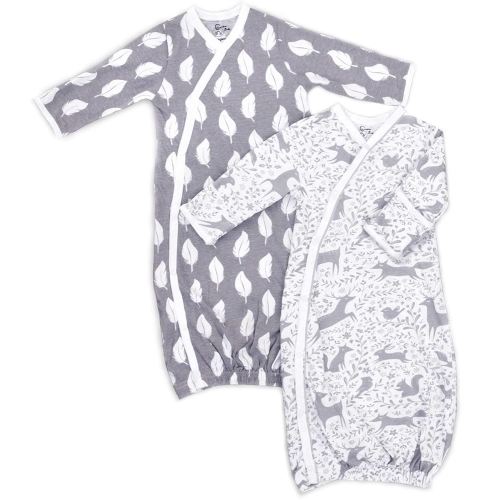 Cambria Baby 100% Organic Kimono Gowns. Side Snaps with Built in Mitts. (0-6 Months, Feathers and Forest Animals)