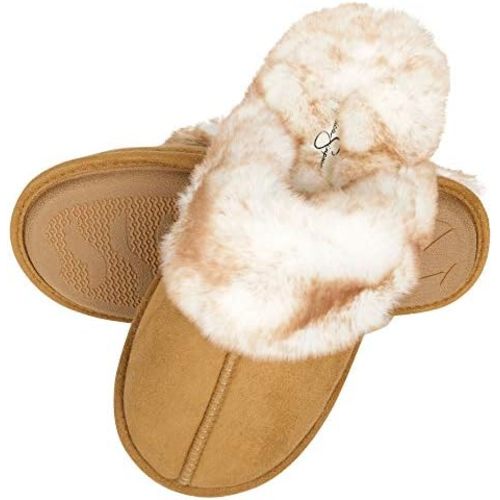 Jessica Simpson womens Comfy Faux Fur House Slipper Scuff Memory Foam Slip on Anti-skid SoleSlipper