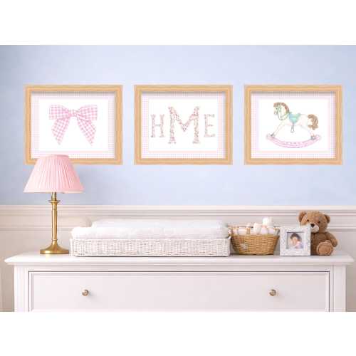 Girl Nursery Wall Art | Watercolor Nursery Prints with Pink Bow and Rocking Horse