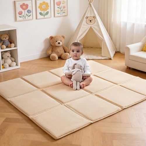 Goyuu Foldable Baby Play Mat, 59x71 Inch Soft Velvet Playpen Mat, 0.8" Thick Cushioned Crawling Tummy Time Mat, Non-Slip Water-Resistant Easy Clean Portable for Babies & Toddlers,Beige