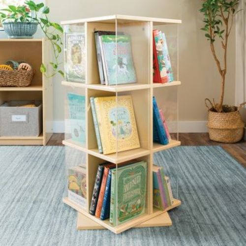 Guidecraft EdQ Rotating Book Display - Natural: 3-Tier 360 Spinning Wooden Bookshelf for Kids with Acrylic Shelves for Classroom or Bedroom