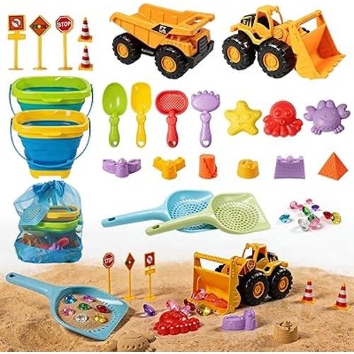 UBeesize 37 PCS Beach Toys , 3-in-1 Construction & Treasure Hunt Sand Toys with 2 Collapsible Buckets, 2 Trucks, Castle Building Kit, Sand Sifter and Shovels, Mesh Bag Sandbox Toys for Toddler 3-10