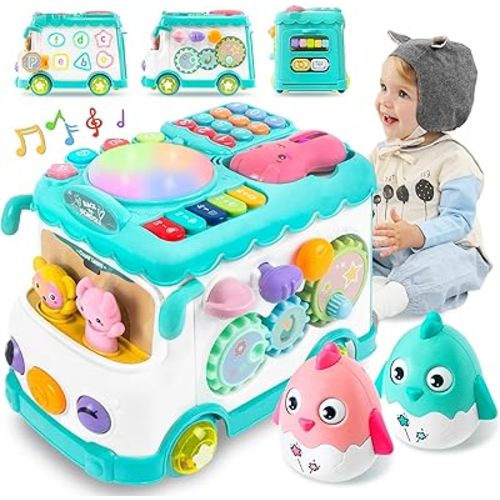 Toys for 1 Year Old Girl Gifts, 10-in-1 Montessori Toys Bus for Baby 6-12 12-18 Months, Educational Musical Learning Toddler Toy Ages 1-2, First Birthday Gifts for Girls and Boys