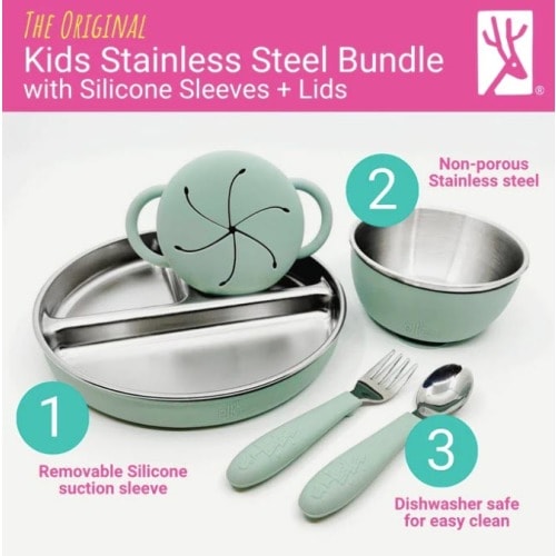 Stainless Steel Mealtime Bundle | Plates, Bowls, Snack Cups + Toddler Utensils | Suction Sleeves | Sage/MistyBlue