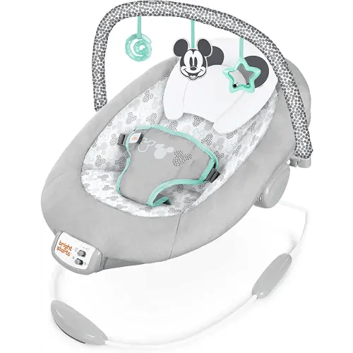 MICKEY MOUSE Comfy Disney Baby Bouncer in Cloudscapes Includes Toy Bar with 3 Cute Toys, Plays 7 Soothing Melodies w/Auto Shut-Off, Age 0-6 Months