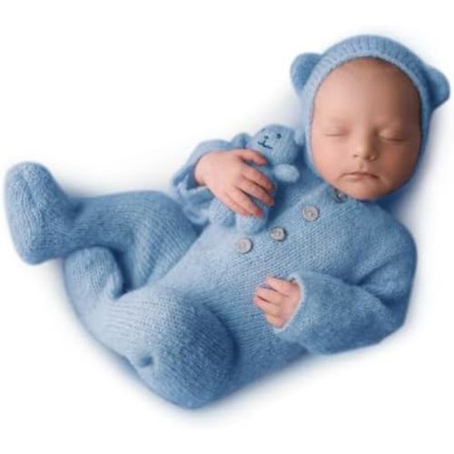 Newborn Photography Props Teddy Bear Outfit,Footed Romper With Bear Hat For Baby Photo Shooting