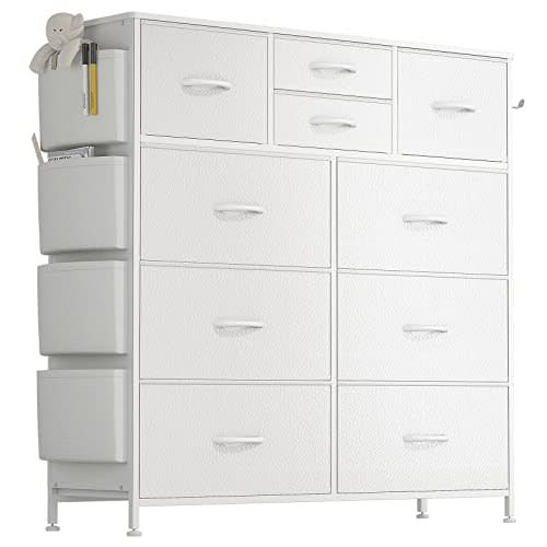 Lulive White Dresser for Bedroom with 10 Drawers, Chest of Drawers with Side Pockets and Hooks, PU Storage Dresser, Organizer Unit for Living Room, Hallway, Closet (White)