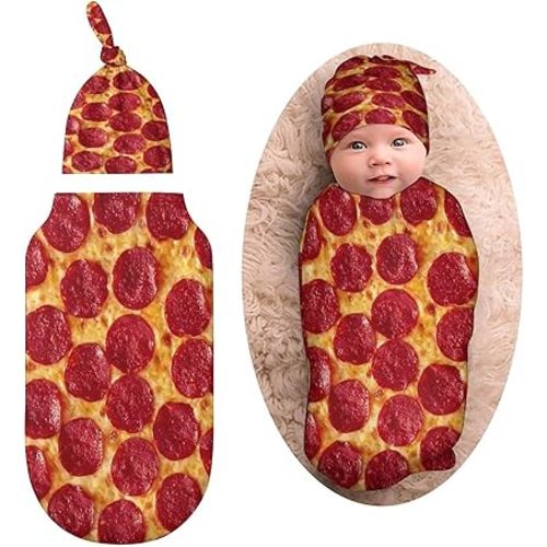 3D Funny Realistic Food Pepperoni Cheese Pizza Newborn Baby Swaddle Blanket With Beanie Hat - Soft Sleep Sack Receiving Blanket Wraps for Boys Girls Infant