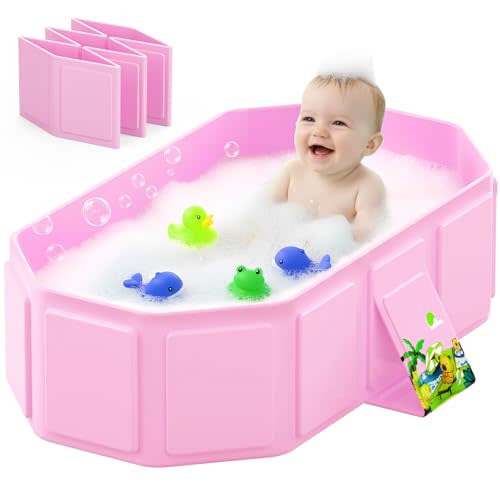 Collapsible Baby Bathtub, Toddler Bathtub with Drain Plug, Pink | Foldable Baby Tub for 6M-5Y, No Assembly Required, Portable Bathtub with Easy Storage, Travel and Outdoor Bathing