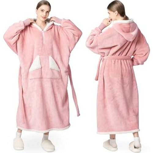 Wearable Blanket Hoodie as Gifts for Women, Long Sherpa Fleece Hooded Blankets with Oversize Hood and Pocket, Warm and Cozy Sweatshirt with Belt, Winter Gift