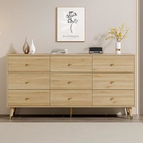9 Drawer Dresser,63" Wide Mid Century Modern Chest of Drawers,Wooden Bedroom Drawer Dresser with 9 Storage Drawers for Bedroom, Living Room,with Anti-Tipping Device,Natural