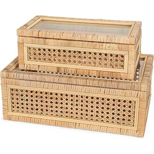 Large Handwoven Boho Rattan Display Boxes with Glass Lids - Set of 2 Rectangular Decorative Storage Bins - Natural Woven Cane Home Decor Organizers (15.55" x 9.64" x 5.9" & 12.48" x 6.88" x 4.52")