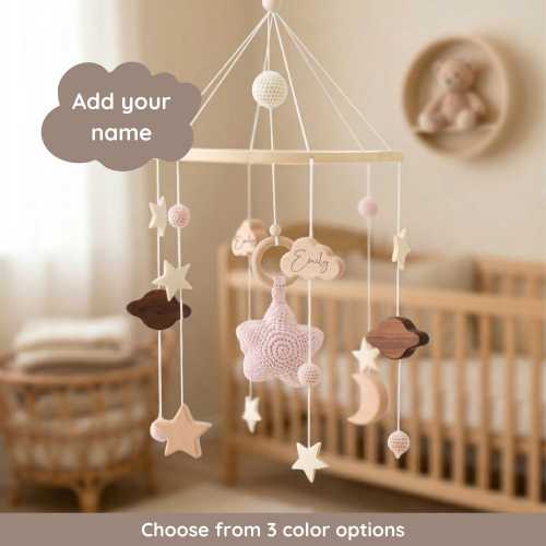 Personalized Baby Mobile, Gift for Baby Girl, Crochet Stars and Clouds Crib Mobile, Unique Custom Baby Shower Gift, Cozy Pink Nursery Decor