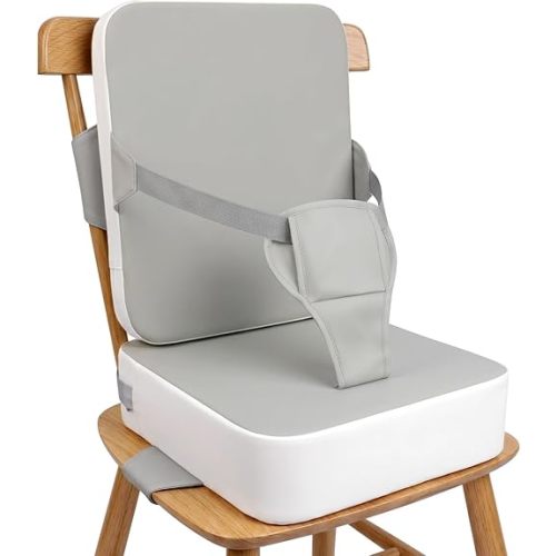 Booster Seat for Kitchen Chair, Toddler Booster Seat for Dining Table with Backrest and Adjustable Straps, Non-Slip High Back Booster Seat, Portable Travel Baby Booster Increasing Cushion, Gray White