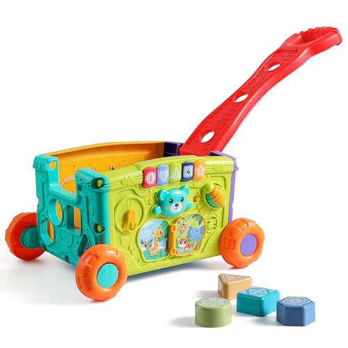 Baby Walker Musical Push Toy for Toddlers 18+ Months - Educational Activity Wagon with Building Blocks, Learning Walking Assistant with Adjustable Handle for Baby Boys & Girls