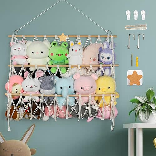 Stuffed Animal Net Hammock Wall Hanging Handmade Boho Macrame Toy Hammock Organizer Holder Display Hanging Plush Toy Net for Stuffed Animal Storage(29.9"H x 31.5"W)