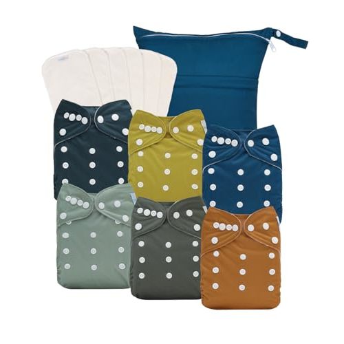 Babygoal Baby Reusable Neutral Cloth Diapers, One Size Adjustable Washable Pocket Nappy Covers 6 Pack+6pcs Rayon from Bamboo Inserts+Wet Bag
