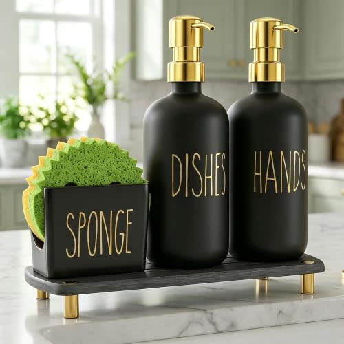 Cisily Kitchen Soap Dispenser Set Comes with Ceramics Sponge Holder, Gold Pumps, and Instant Dry Tray, Hand and Dish Soap Dispenser Set (4, Gold + Black + Sponge Holder)
