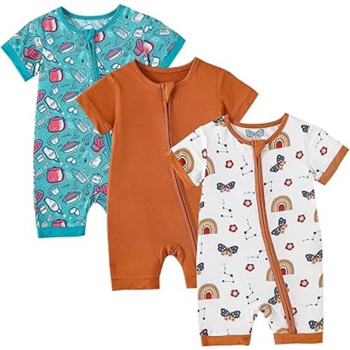 OPAWO Bamboo Baby Pajamas 3 Pack, Double Zipper Bamboo Sleepers for Baby Boy Girl Romper, Toddler Summer Clothes Outfit 0-24M