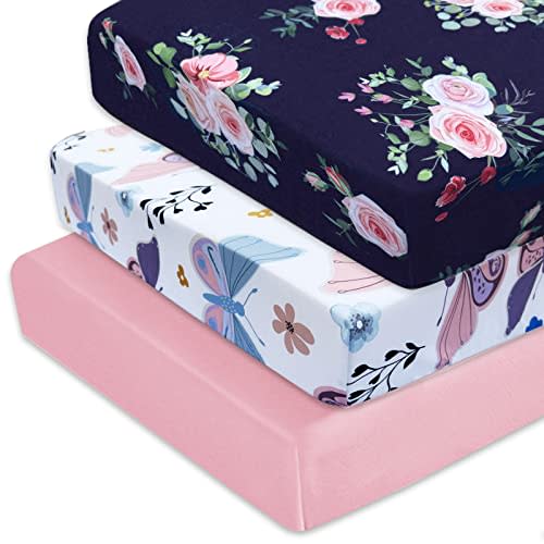 AMROSE 3 Pack Heavenly Soft Crib Sheets for Baby Girls, 28'' X 52'' Fitted Sheets for Crib and Toddler Mattress Pad, Silk Touch Gentle Breathable Microfiber, Floral & Butterfly