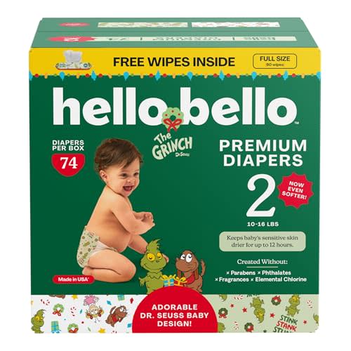 Hello Bello Dr. Seuss Baby Grinch Premium Diapers, Size 2 (10-16 lbs), 74ct Plus Bonus Wipes: Softness & Protection for Sensitive Skin