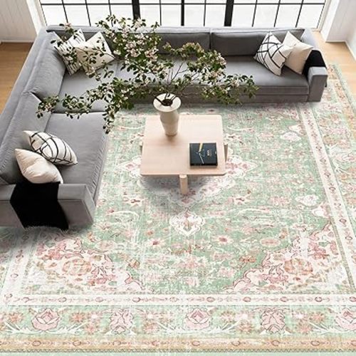 Vhong Washable Area Rugs Boho Vintage Modern Neutral Large Carpet Green and Pink High Traffic Rugs 9×12 for Dinning Room Living Room Bedroom Farmhouse Non Slip