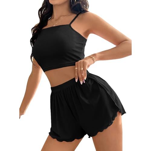 Remidoo Womens Cami Top and Split Short Pajama Set Ribbed Pajamas 2 Piece Pjs