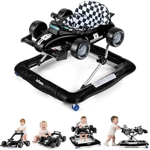 INFANS 4 in 1 Baby Walker, Foldable Toddler Activity Center with Adjustable Height, Padded Seat, Music, Light, Removable Tray, Push Walker for Girls Boys Aged 6-18 Months (Black)