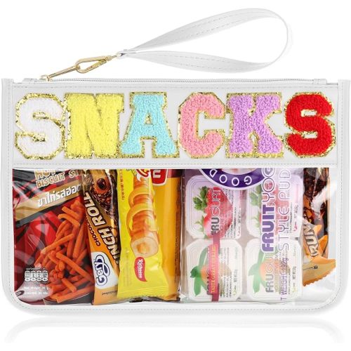 Snack Bag for Travel - Clear Chenille Varsity Letter Flat Pouch with Zipper, 12.2×8.46 inch Waterproof Clear Nylon Preppy Patch Makeup Cosmetic tote Bags for Women Girls