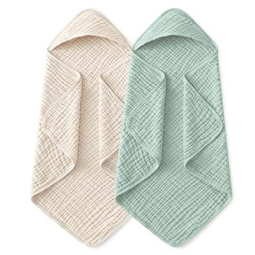 Yoofoss Hooded Baby Towels for Newborn 2 Pack 100% Muslin Organic Cotton Baby Bath Towel with Hood for Babies, Infant, Toddler and Kids, 37.5"x37.5", Soft and Absorbent Newborn Essential,Apricot&Green