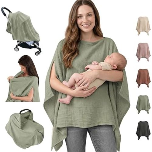100% Cotton Muslin Nursing Cover for Baby Breastfeeding, Fog Green | Breathable Breast Feeding Cover Apron, 360° Full Privacy, Newborn Essentials for Car Seat Blanket & Stroller Coverall